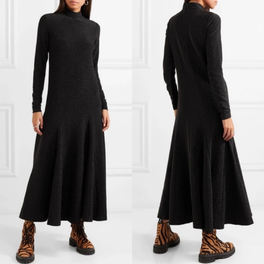 NEW Ganni Baxter glittered stretch jersey maxi dress in black nylon Size 34